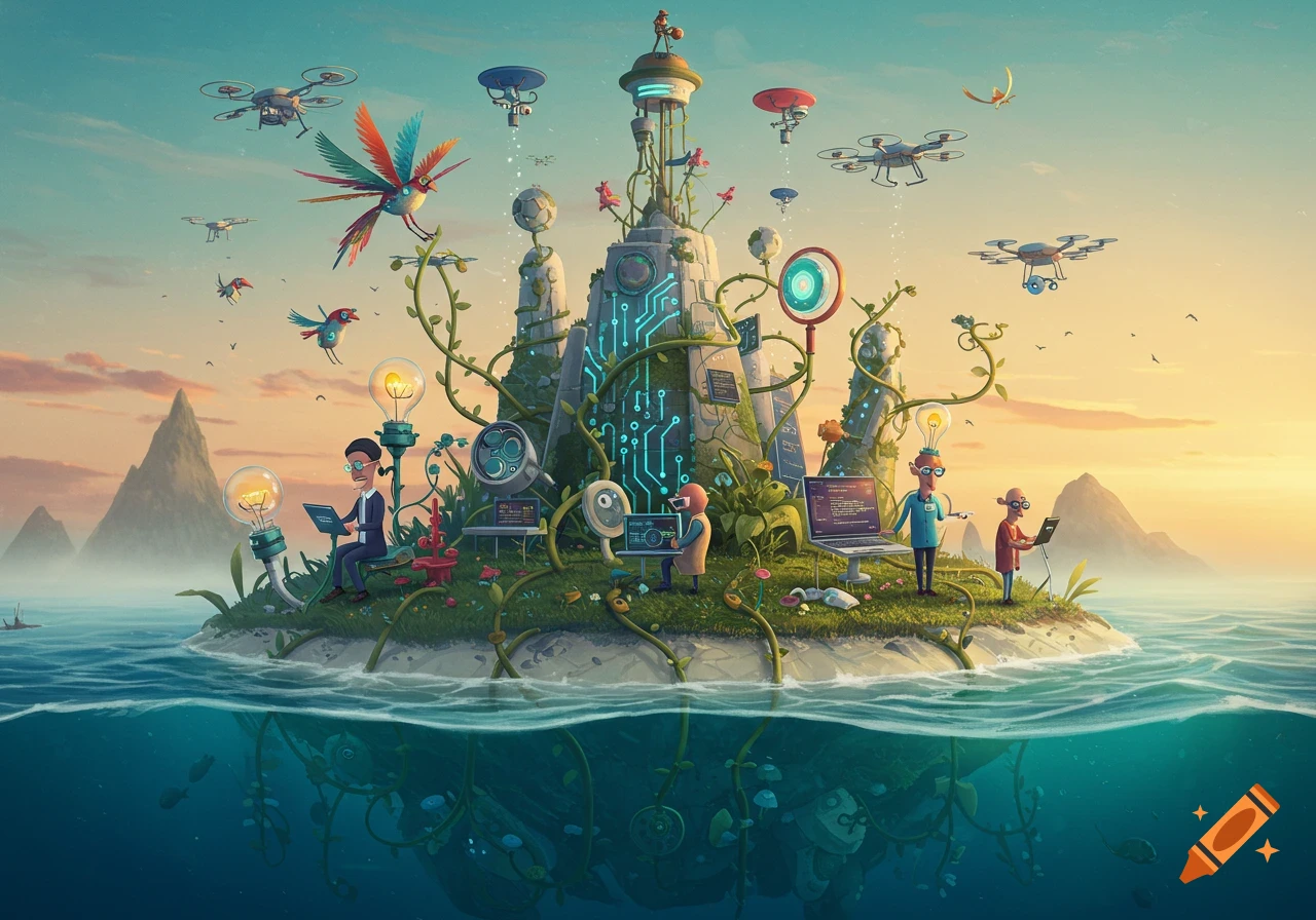 Whimsical cartoon illustration of an island with developers, tech elements, glowing circuits, and drones hovering above.