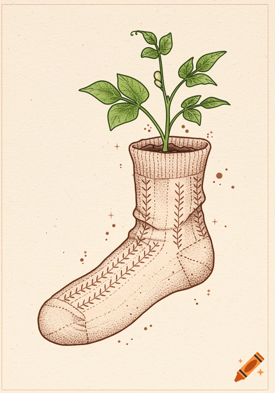 A green bean plant sprouts from a light brown knitted sock, depicted in a fine line and dot work illustration.
