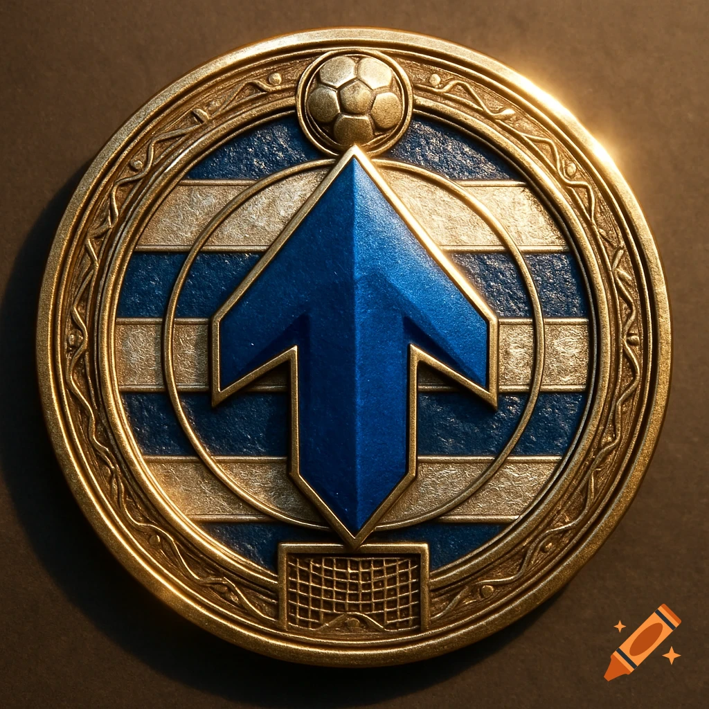 A detailed gold and blue circular soccer team badge featuring a central blue arrowhead, a soccer ball at the top, and a goal net at the bottom.