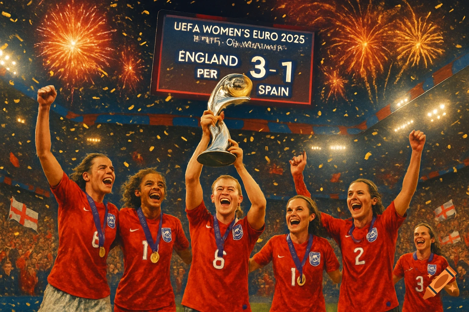 Excited women's football team in red jerseys celebrating victory with a trophy and confetti in a stadium, scoreboard shows England 3-1 Spain.