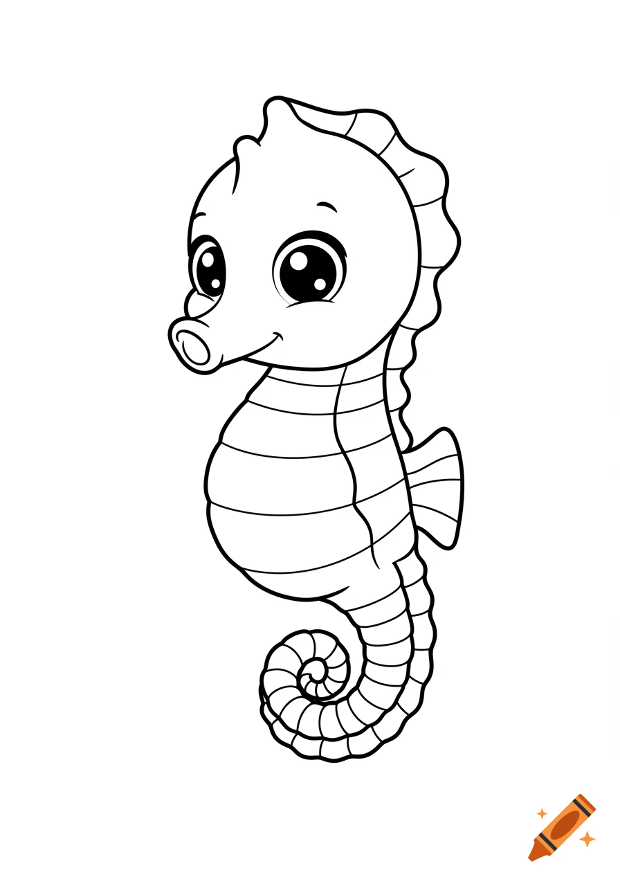 A cute baby seahorse line art drawing in black and white with big round eyes and a curled tail.