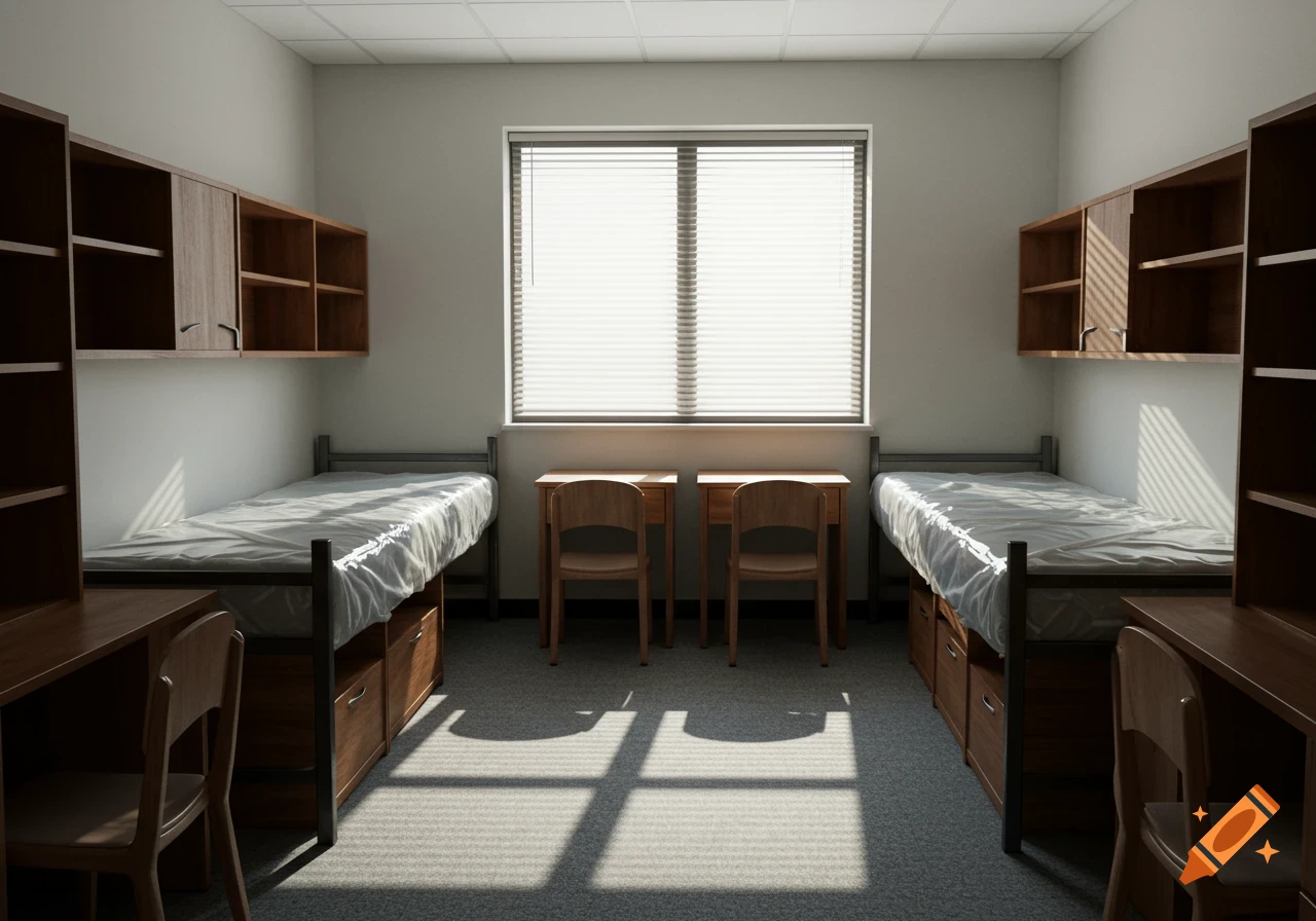 A realistic empty college dorm room with two twin beds, two wooden desks, and a window with blinds casting light.