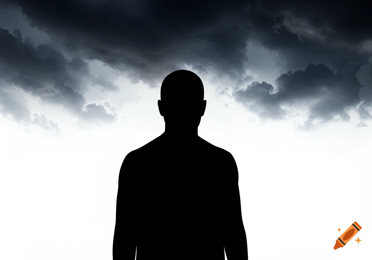A black silhouette of a person's head and shoulders stands against a bright white background, with dark, heavy clouds above.
