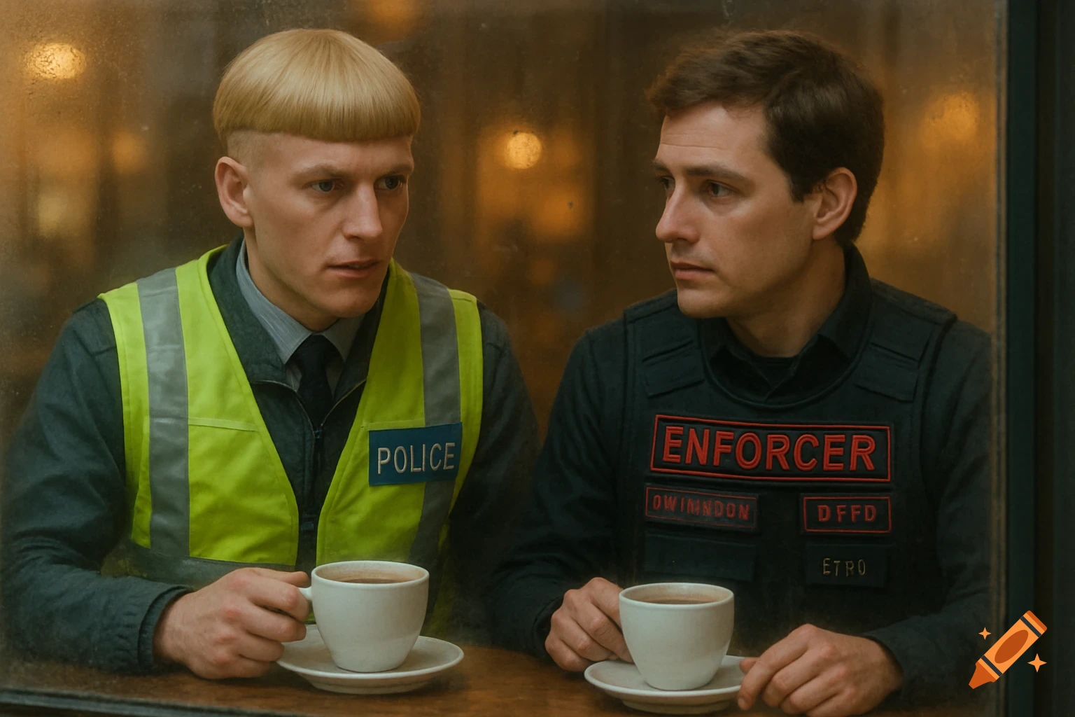 Two men, one in a yellow "POLICE" vest and another in a black "ENFORCER" vest, sit at a table inside, drinking coffee.