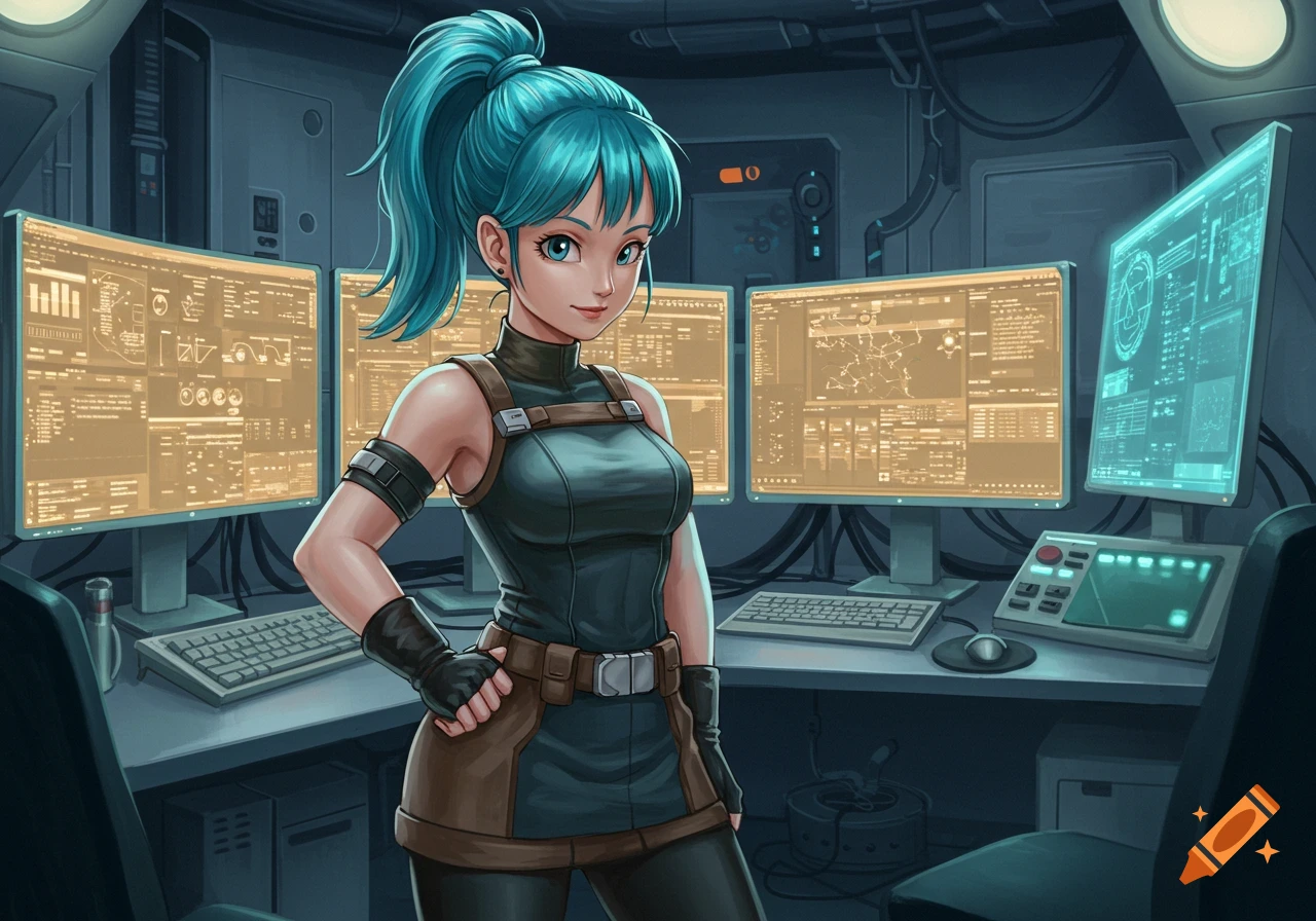 Blue-haired anime character Bulma in a sci-fi control room with multiple computer screens.