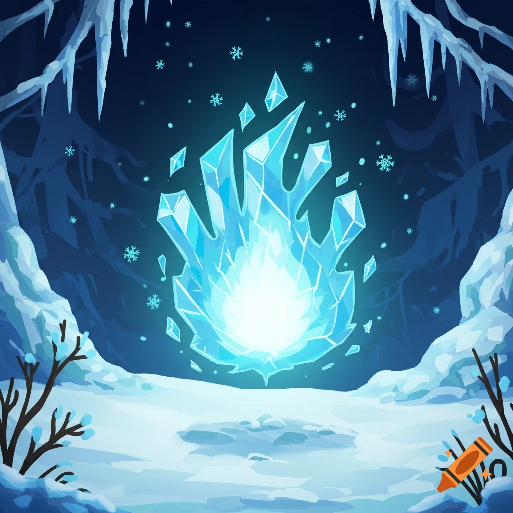 A cartoon illustration of a glowing blue icy flame in a snow-covered ice cave.