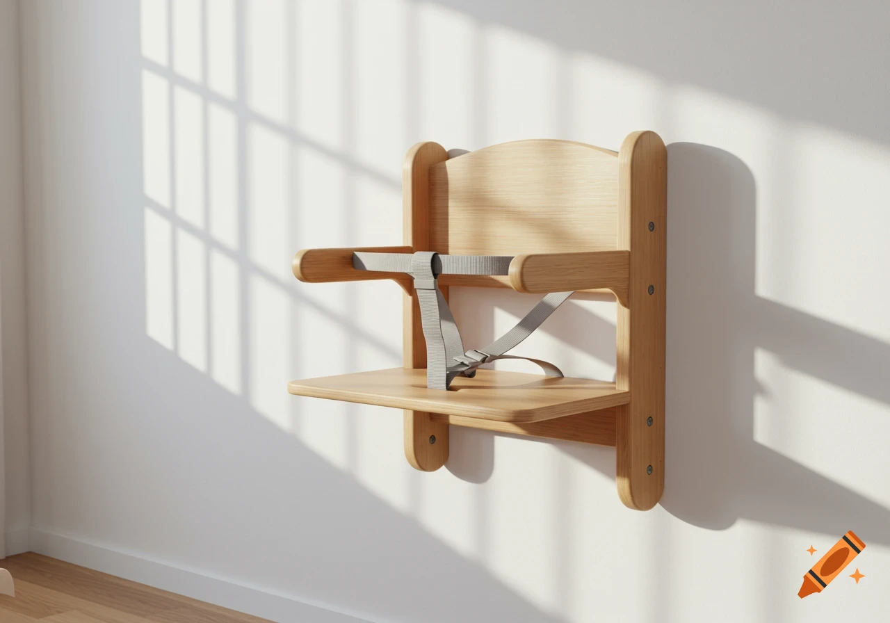 A photorealistic image of a wooden wall-mounted high chair with a gray safety harness against a white wall with window shadows.