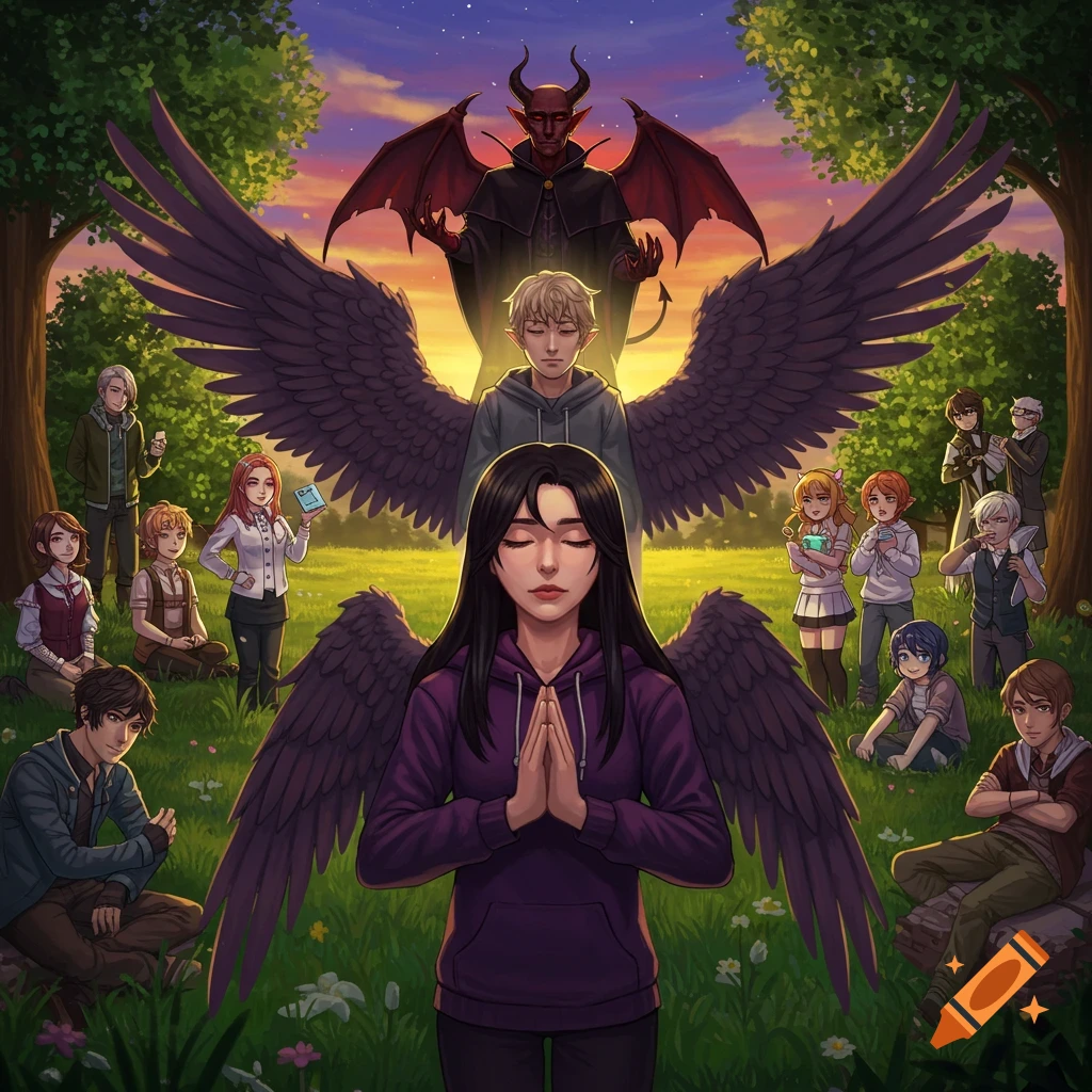 Anime illustration of a winged woman praying, a demon and winged man behind her, surrounded by characters in a field at sunset.