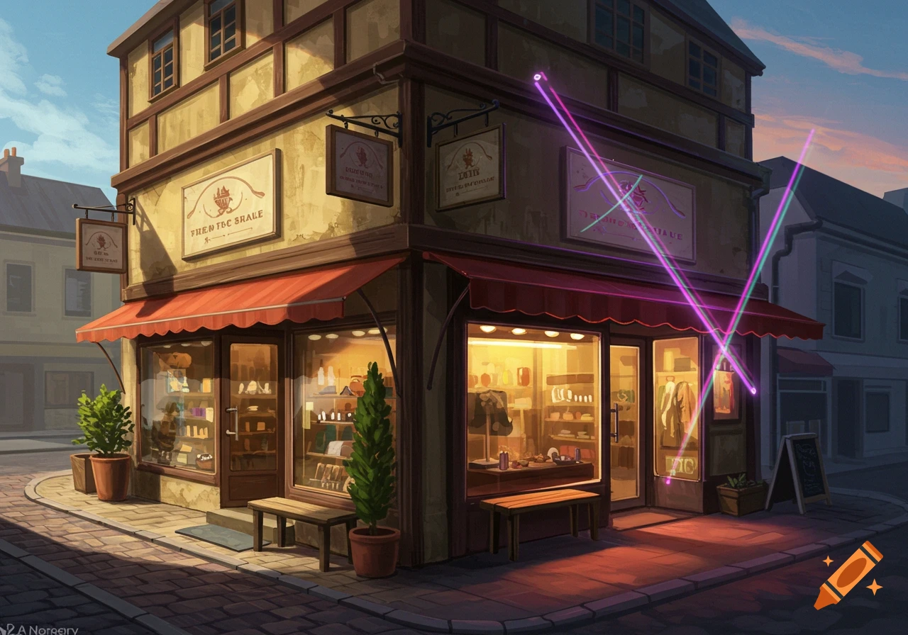 An illuminated corner shop with a red awning and neon light beams crossing its facade at dusk. The shop windows display various goods.