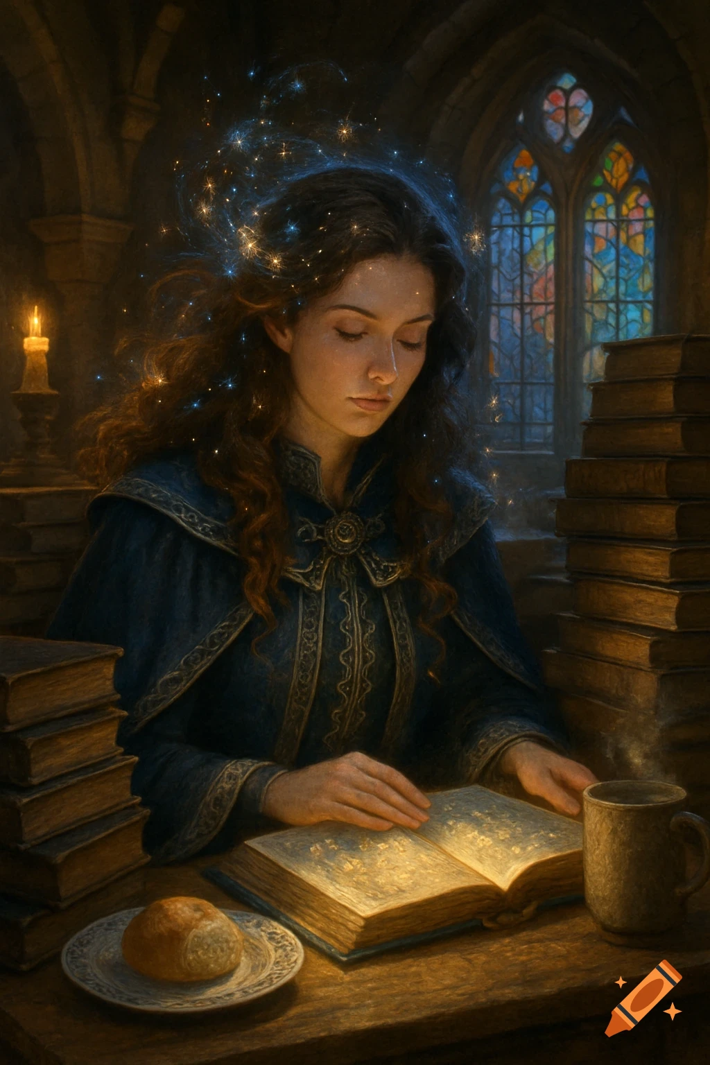 A medieval woman in a dark blue robe reads a glowing magical book in a candlelit room with stained glass, magical sparks around her head.