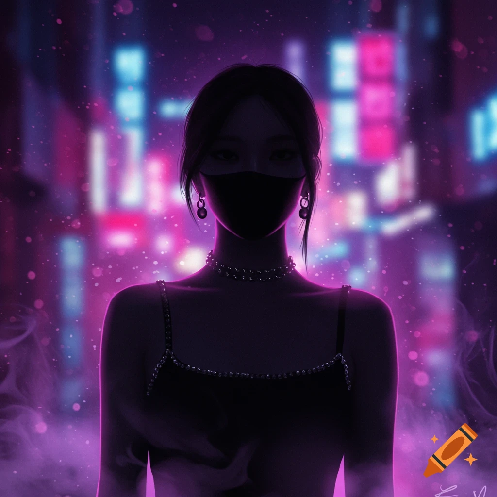 Stylized portrait of a person in a black mask and necklace, bathed in purple neon light against a blurry urban background.
