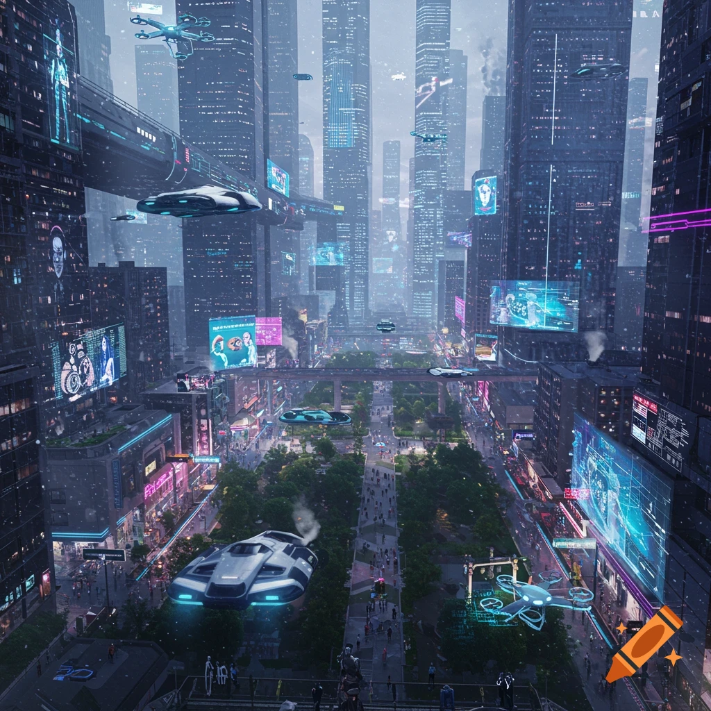 A sprawling futuristic city with towering skyscrapers, flying vehicles, neon signs, and bustling streets filled with people and technology.