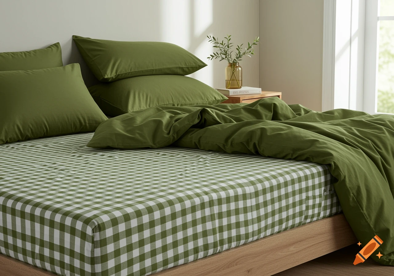 A bed with an olive green and white gingham fitted sheet, olive green pillows, and an olive green duvet.