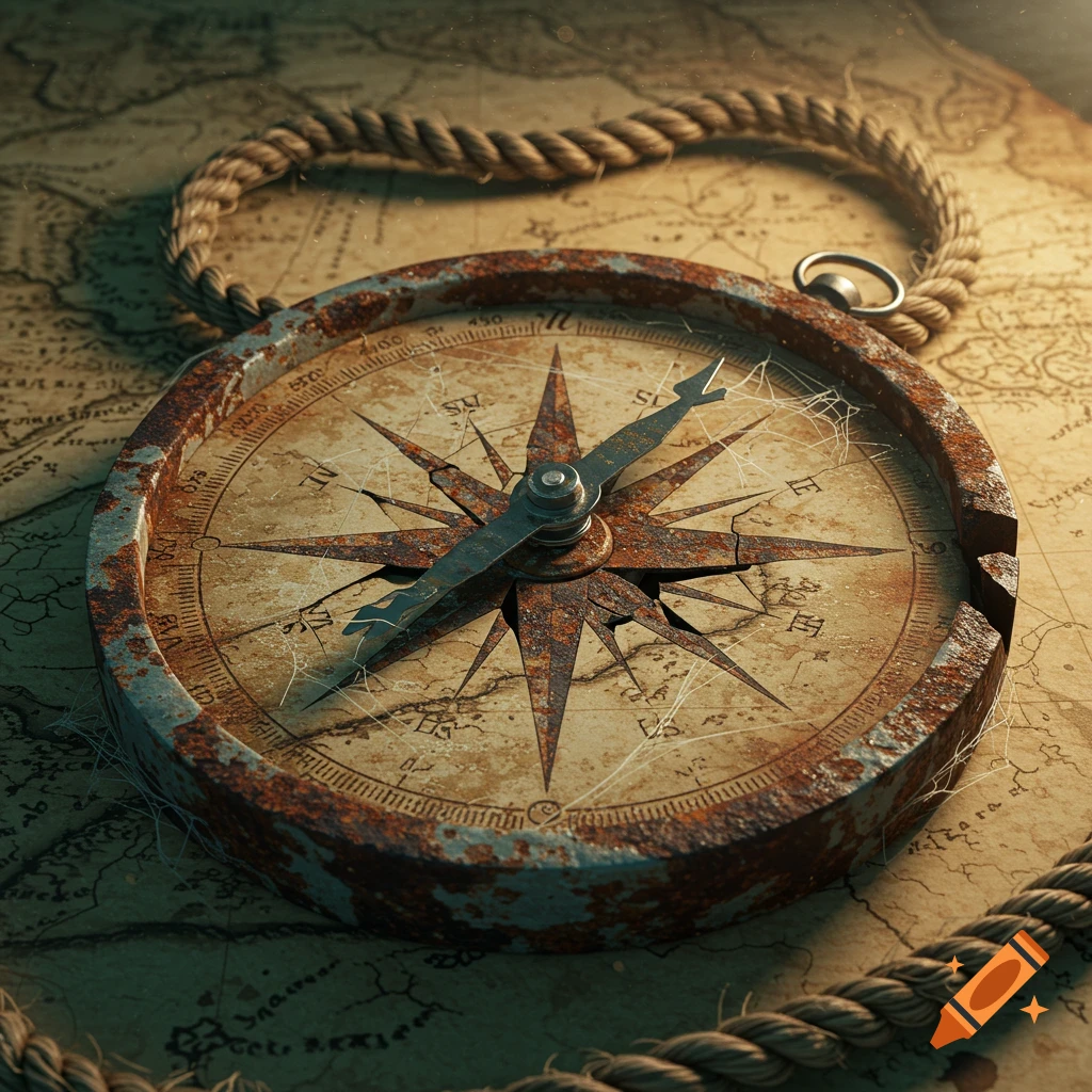 A rusted antique compass with a needle on an old map, surrounded by rope.