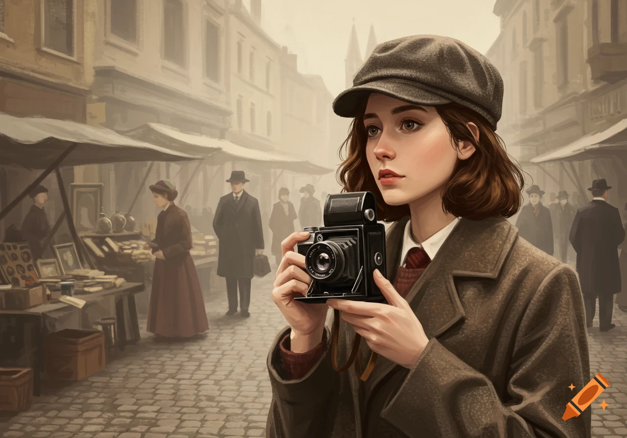 A woman in a brown coat and cap holds an old-style camera in a bustling market street.