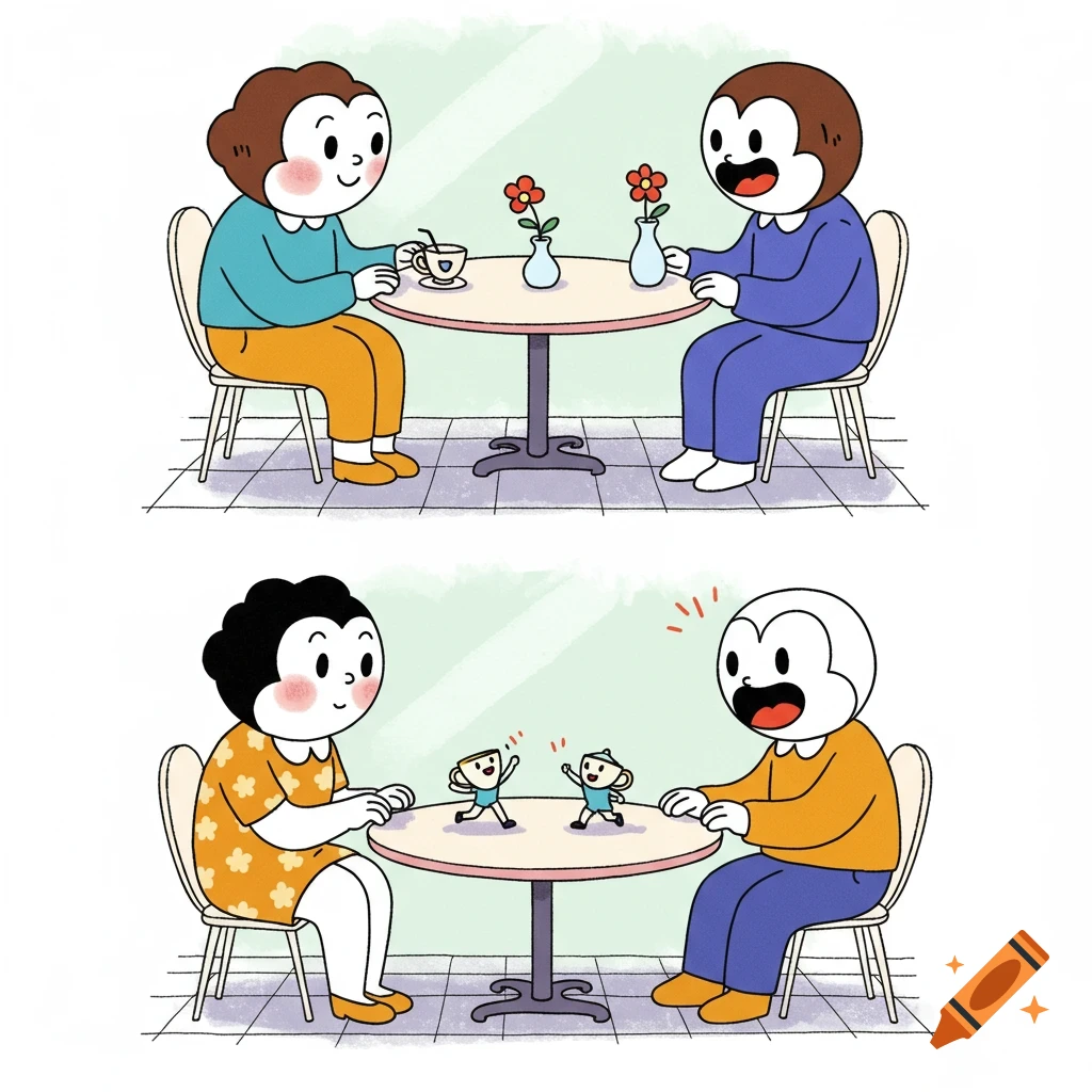 A two-panel cartoon shows two characters at a table, first with flowers, then with tiny versions of themselves on the table.