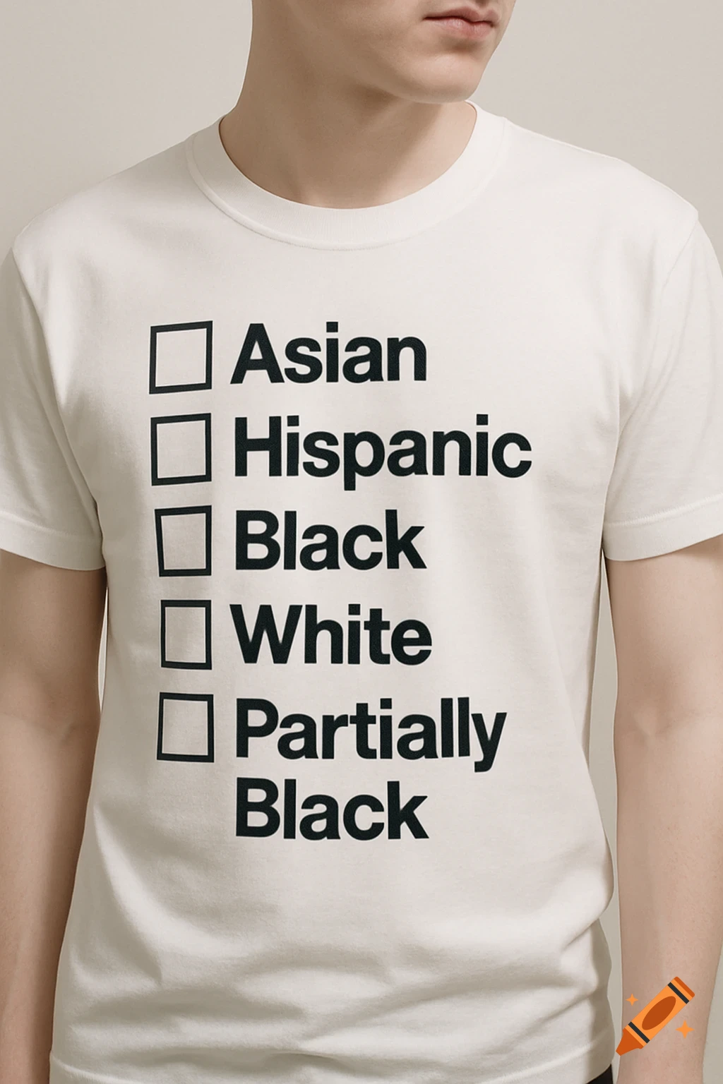Close-up of a person wearing a white t-shirt with a checklist of racial identities: Asian, Hispanic, Black, White, Partially Black.