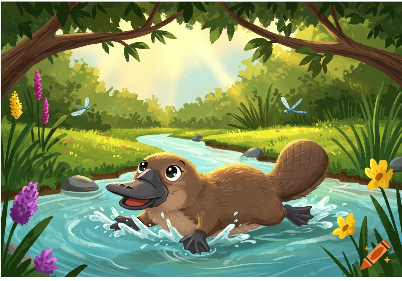 A cheerful cartoon platypus swims in a bright blue river surrounded by lush green trees and colorful flowers under a sunny sky.