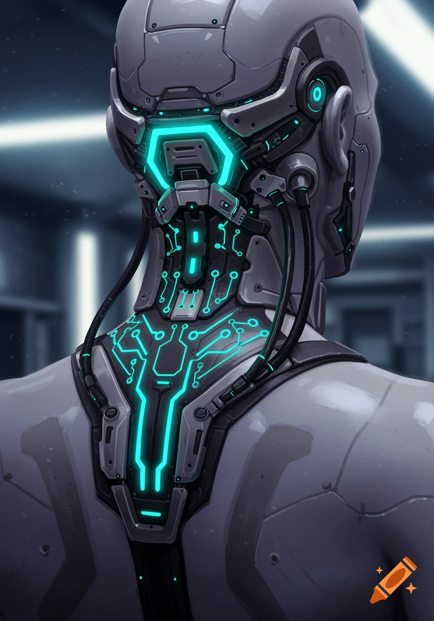 Rear view of a futuristic cybernetic head and upper back with glowing blue circuitry and wires.