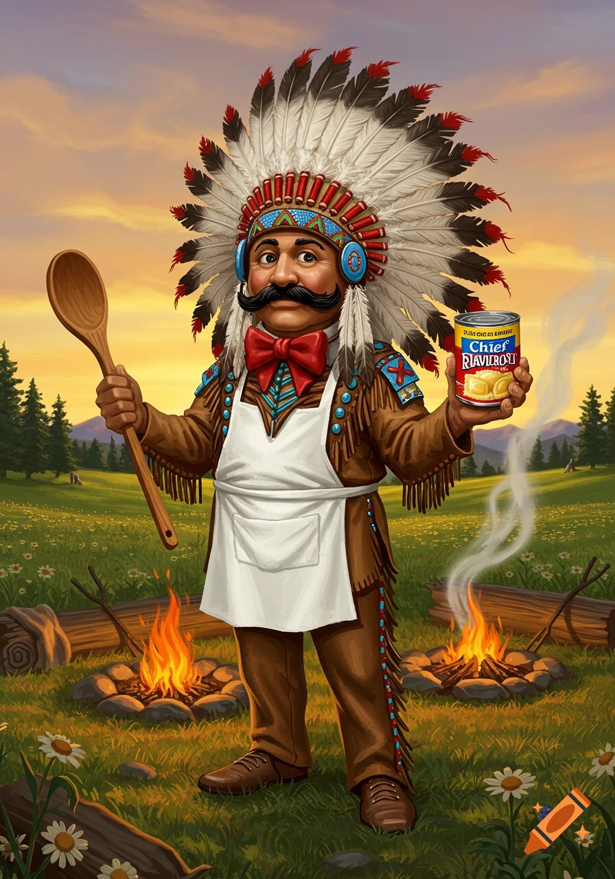 Cartoon character resembling Chef Boyardee in a headdress and apron, holding a spoon and 'Chief Ravioli' can by campfires.