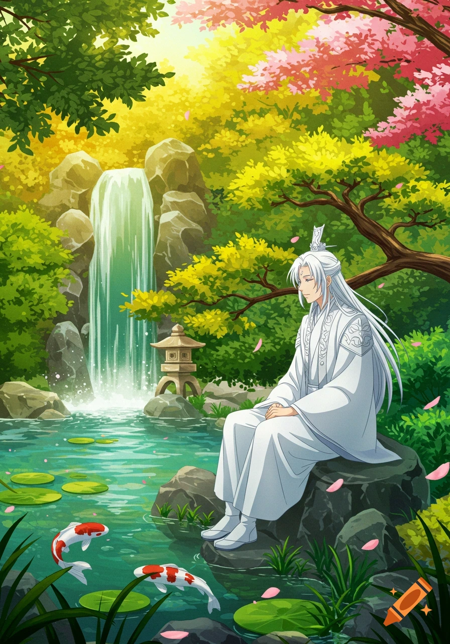 An anime prince with long white hair in a white robe sits by a pond with koi fish in a lush Japanese garden with a waterfall.