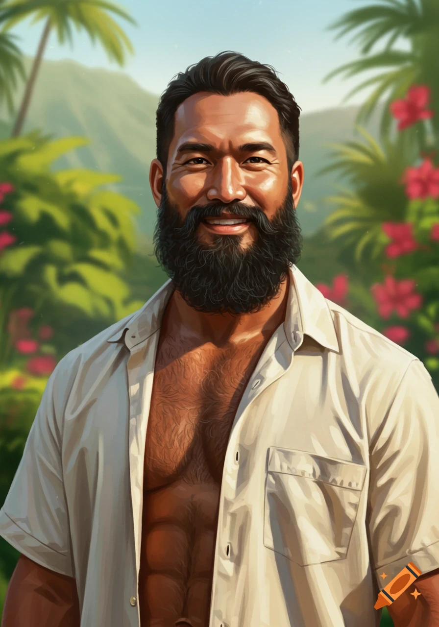 A smiling man with a black beard and open white shirt stands in a lush tropical setting with palm trees and red flowers, in an illustrative style.