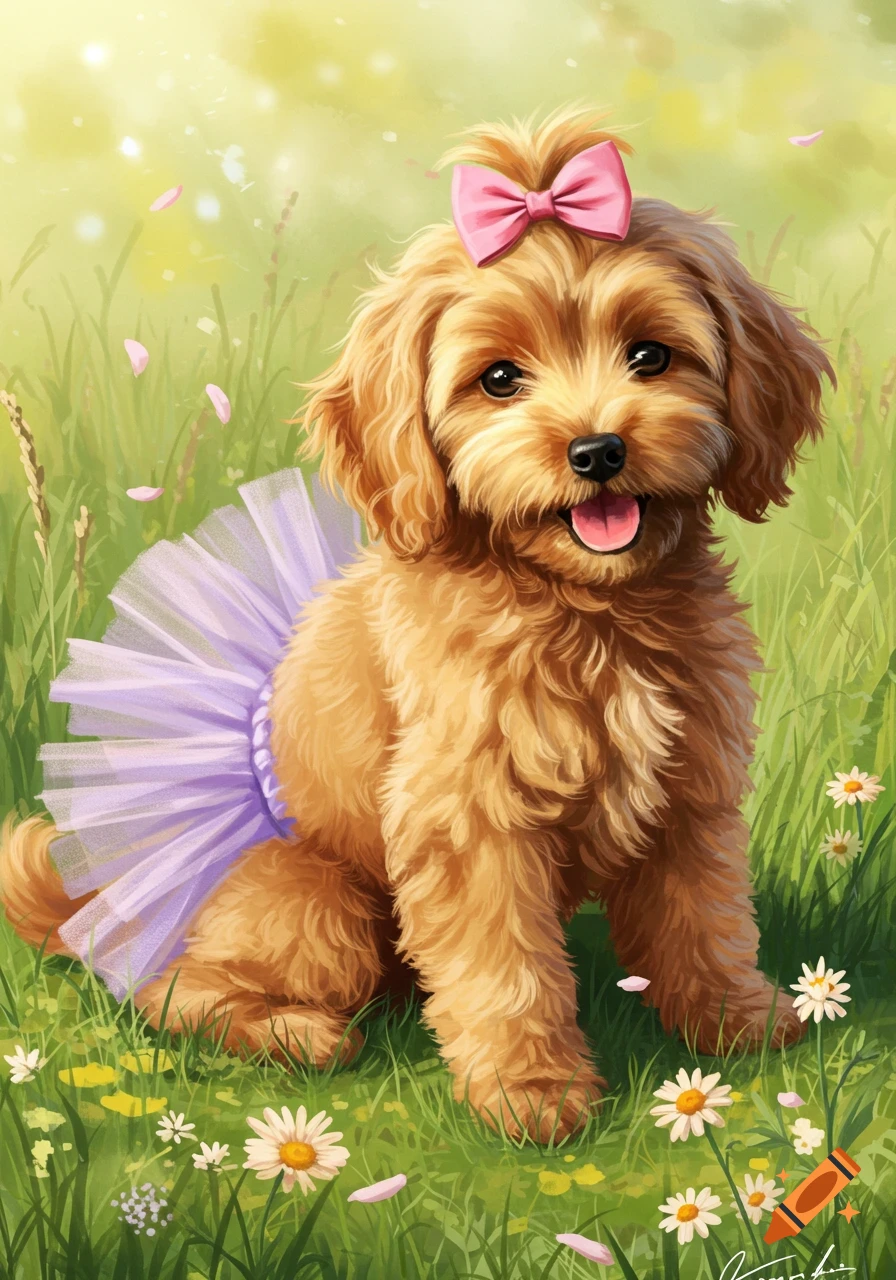 A cute golden doodle puppy wearing a pink bow and purple tutu sits in a grassy field with daisies, in a digital painting style.