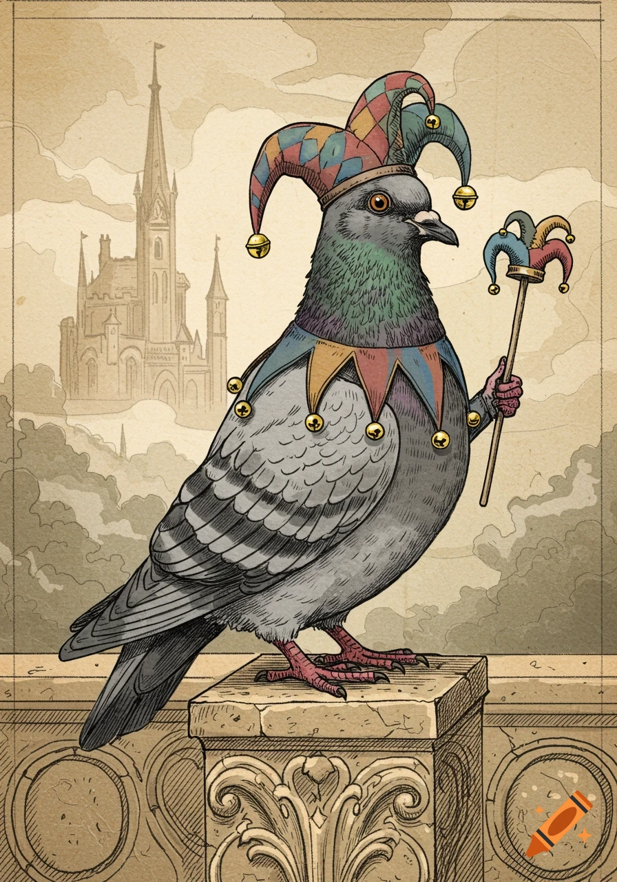 A pigeon dressed as a medieval jester, holding a scepter, stands on a stone balustrade with a castle in the background, in an engraving style illustration.