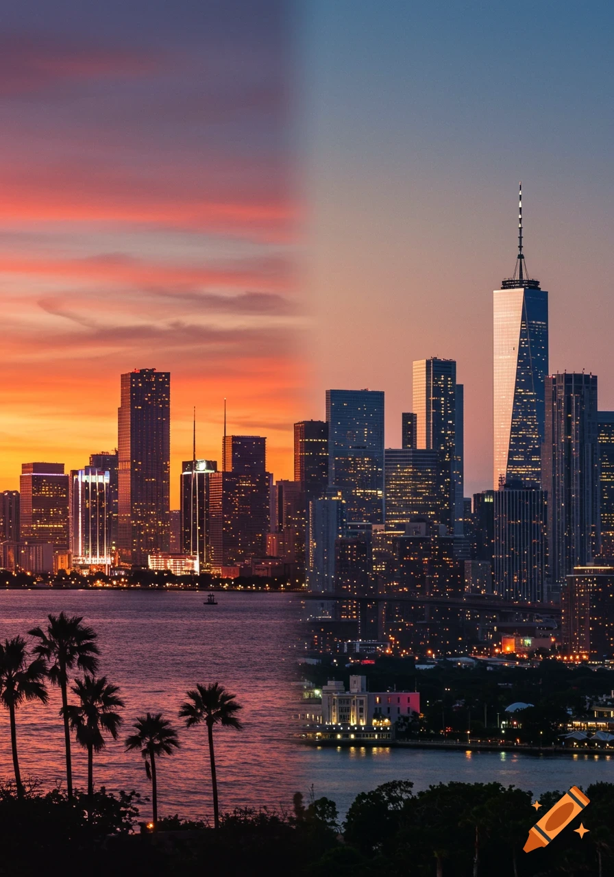 Split image featuring the Miami skyline at sunset on the left, and the Manhattan skyline at dusk on the right.