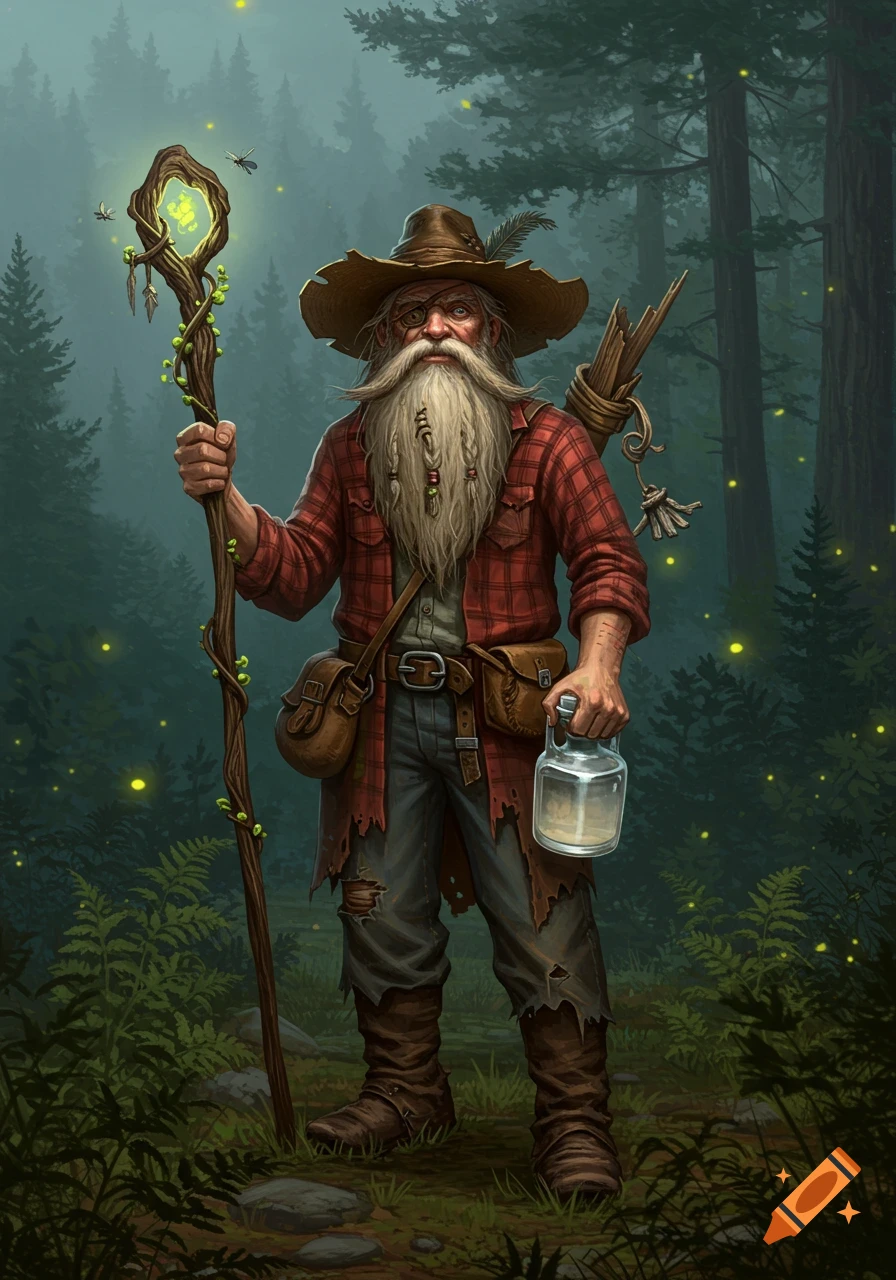 A bearded hillbilly wizard with a tattered hat holds a glowing staff and a jug, standing in a misty forest with fireflies.