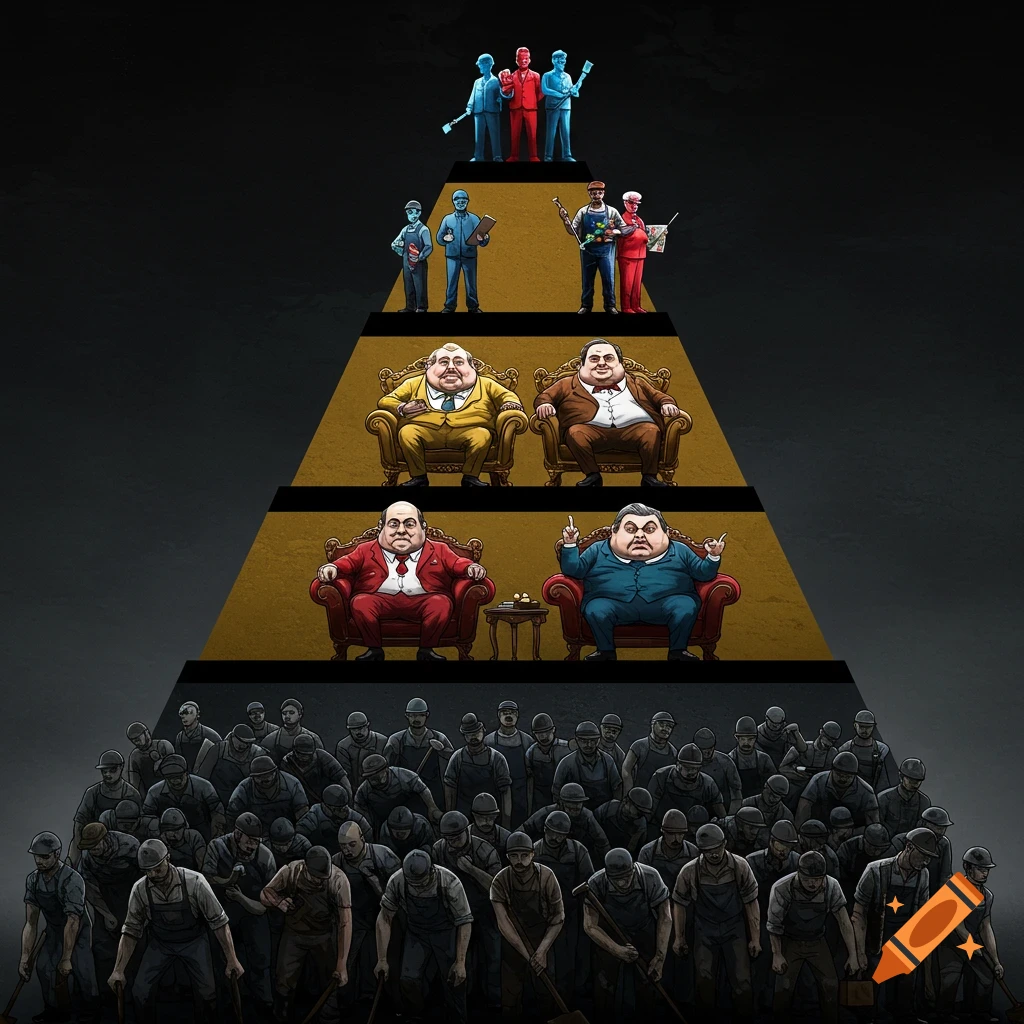 A dark satirical illustration depicting a social pyramid, with workers at the bottom, wealthy men in the middle, and artists at the top.