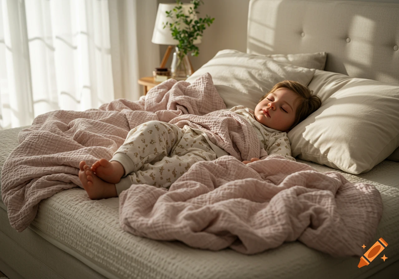 A baby sleeps peacefully on a bed, covered by a pink blanket, in a naturally lit room.