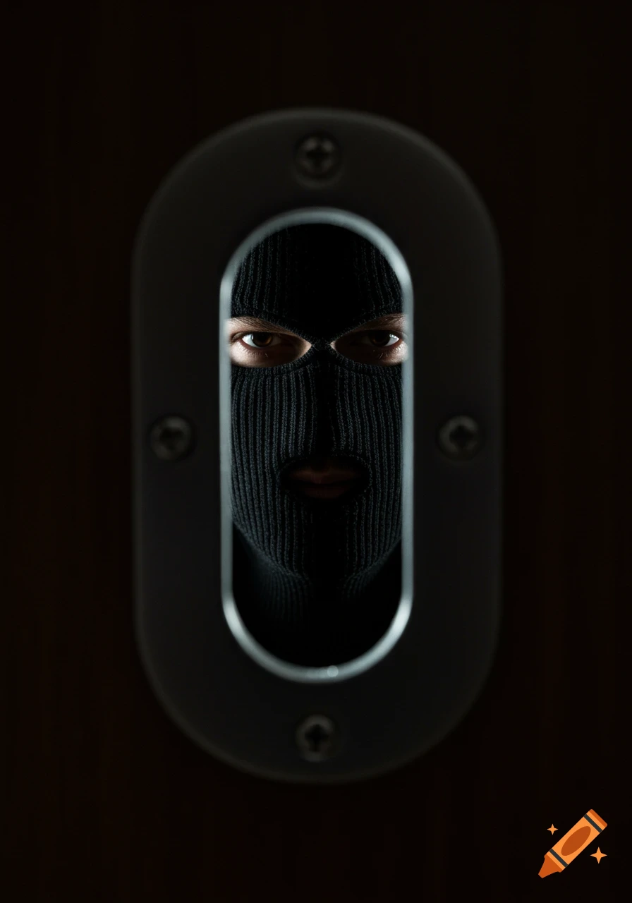 A man wearing a black ski mask with only his eyes and part of his mouth visible through a dark, oval-shaped peephole.