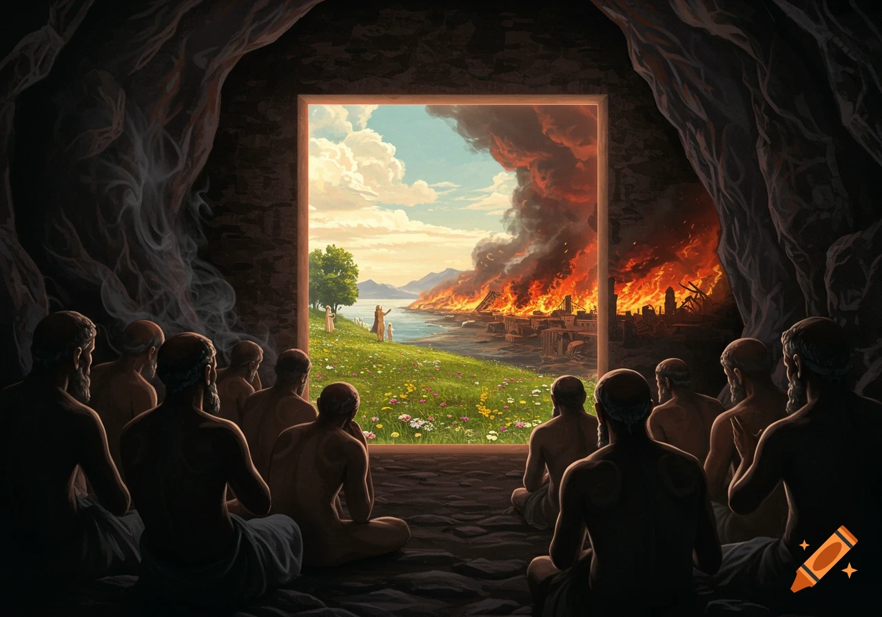 Men in a dark cave look out a window to a vibrant green landscape on one side and a burning city on the other, under a dramatic sky.