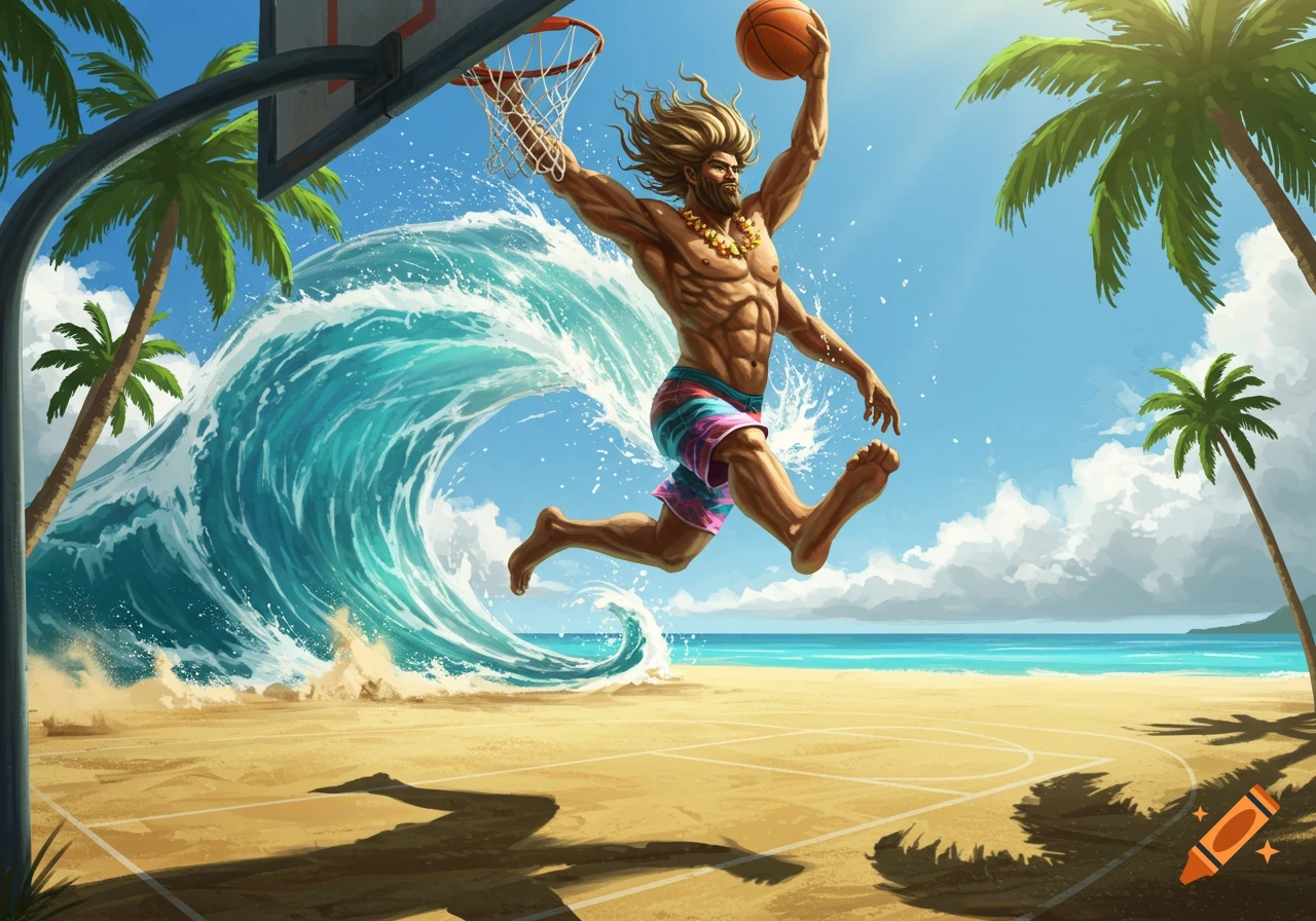 A muscular, bearded man with long hair dunks a basketball on a beach court with a large wave and palm trees under a sunny sky.