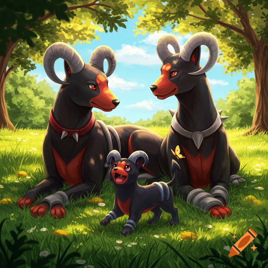 A family of three black and red canine-like Pok non, two adults and a pup, in a grassy forest setting.