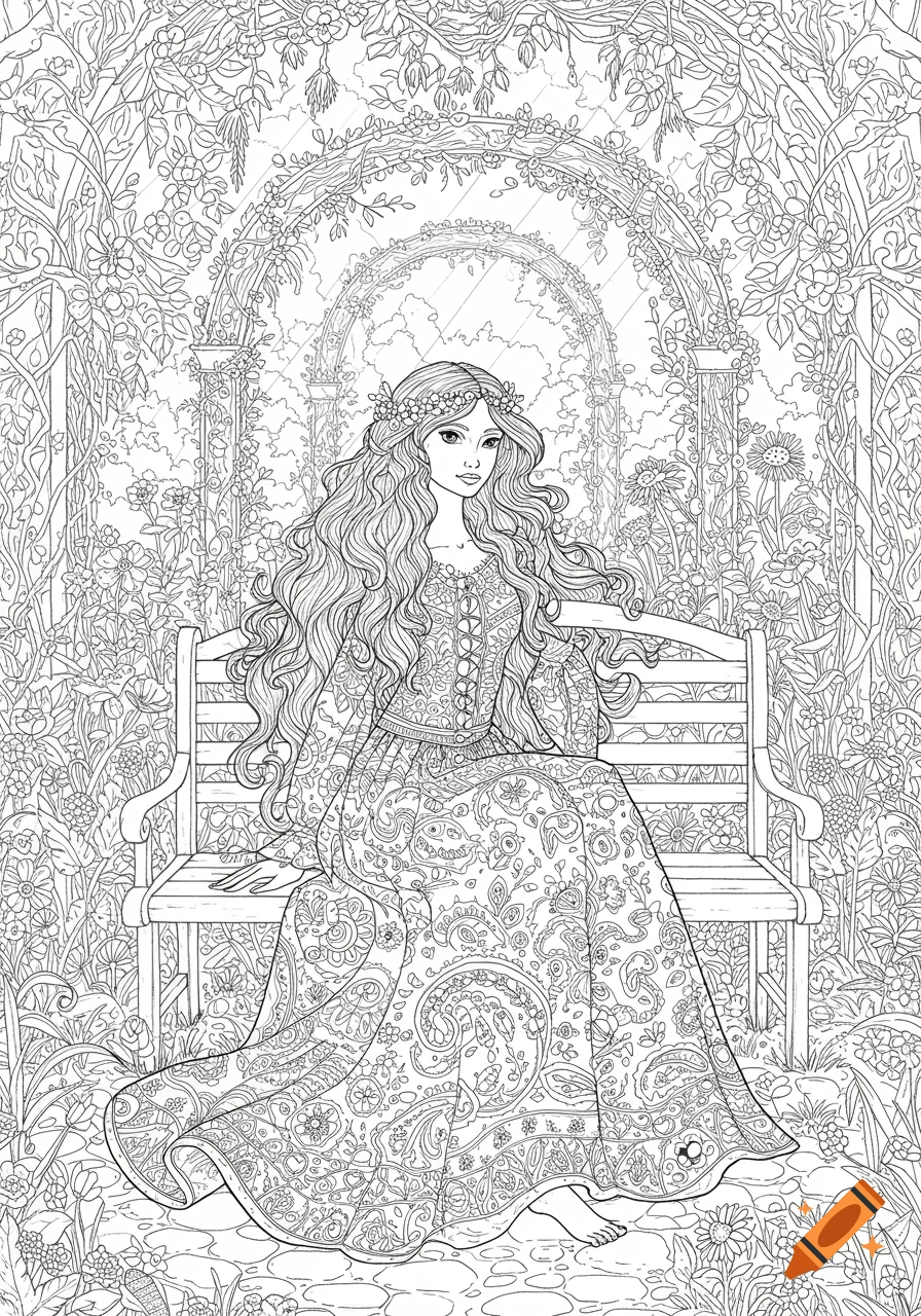 A detailed coloring book page showing a boho-style woman with long wavy hair, wearing a patterned dress, sitting on a bench in a lush garden with floral arches.