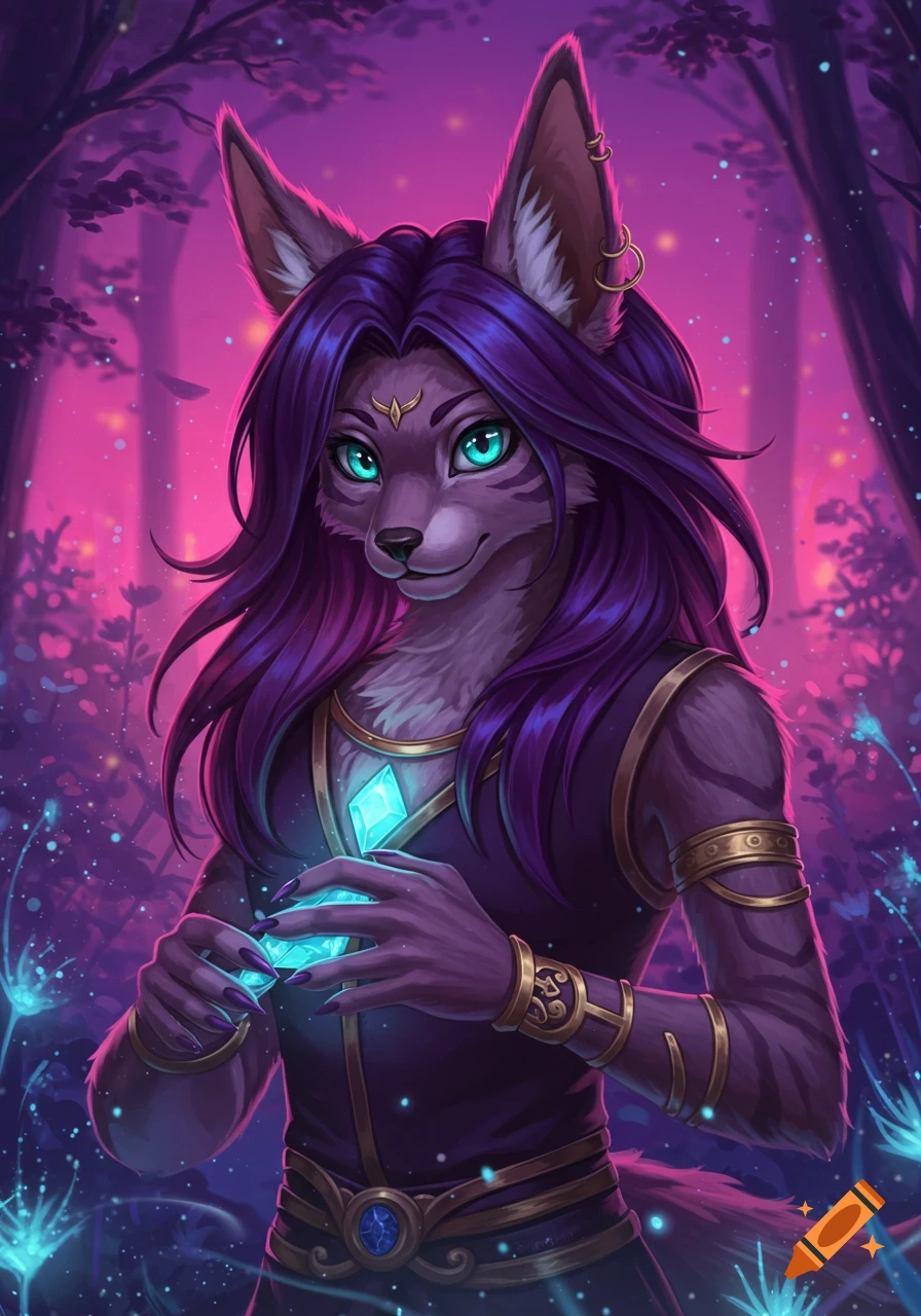 A purple-haired feline furry character with glowing teal eyes holds a glowing blue crystal in a vibrant purple forest.