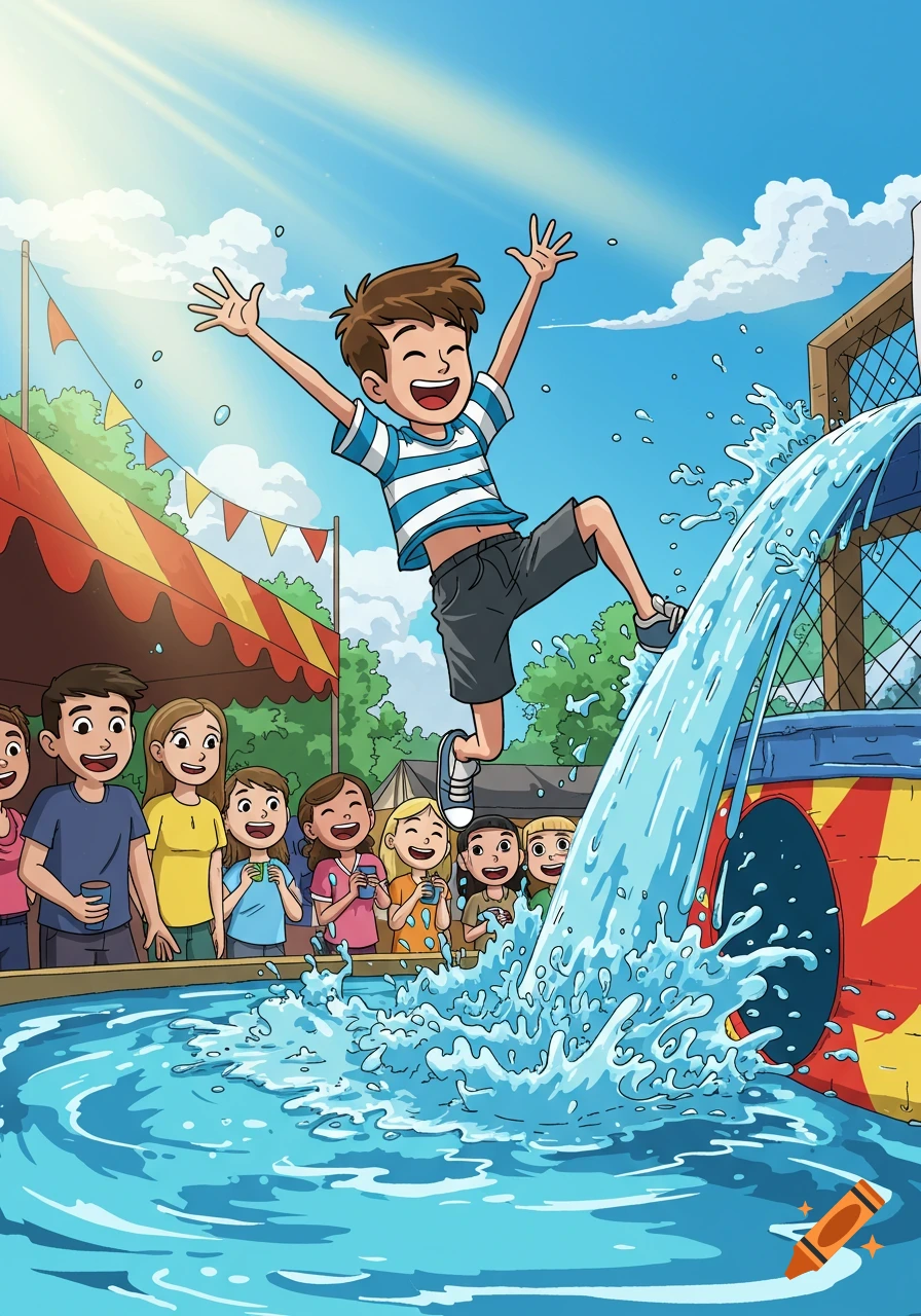 A cartoon boy jumps into a dunk tank, splashing water, while a crowd of smiling children watches at a sunny fair.