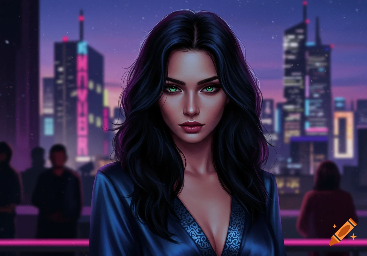 A close-up digital art portrait of a woman with dark hair and green eyes, set against a blurred neon cityscape at night.