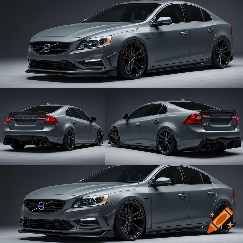 A photorealistic image of a gray Volvo S60 sedan with an aggressive body kit, shown from multiple angles.