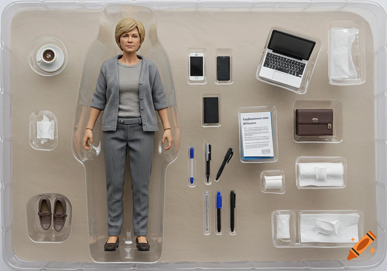 A social worker action figure in clear plastic packaging with various accessories including a coffee cup, two phones, a laptop, pens, a briefcase, shoes, and tissues.