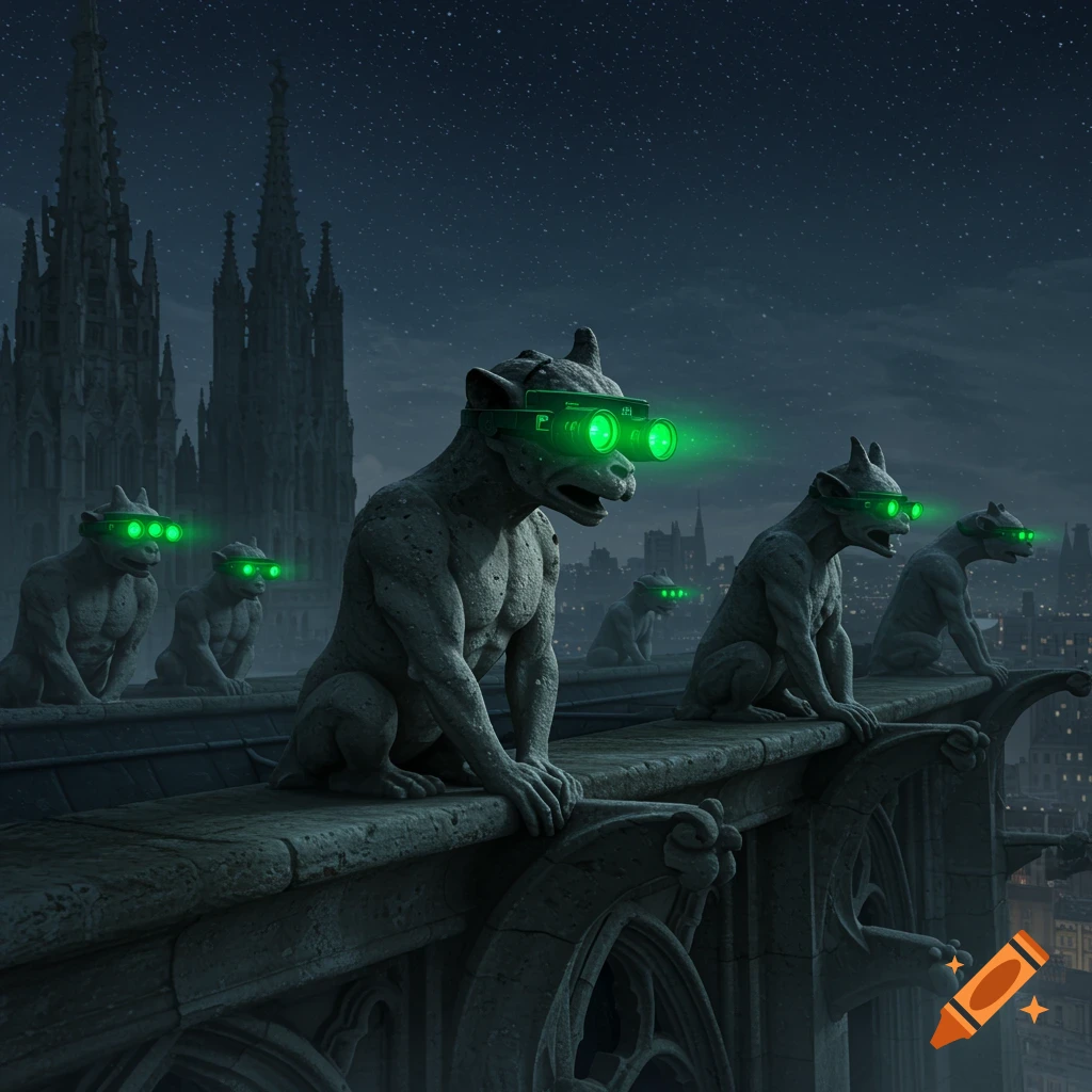 Photorealistic image of stone gargoyles on a gothic cathedral at night, wearing glowing green night vision goggles.