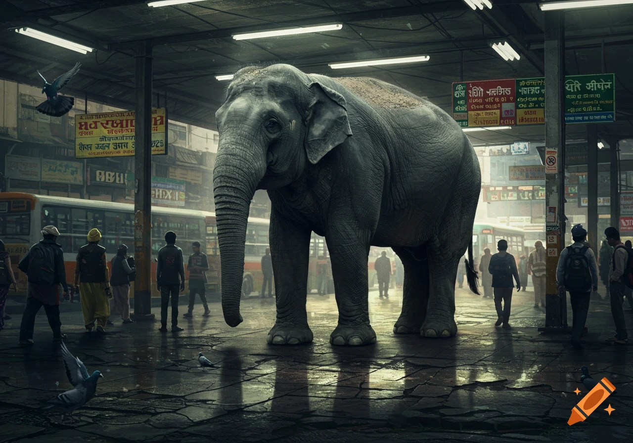 A large elephant stands prominently in the middle of a bustling, wet bus station with people, buses, and pigeons around, photorealistic style.