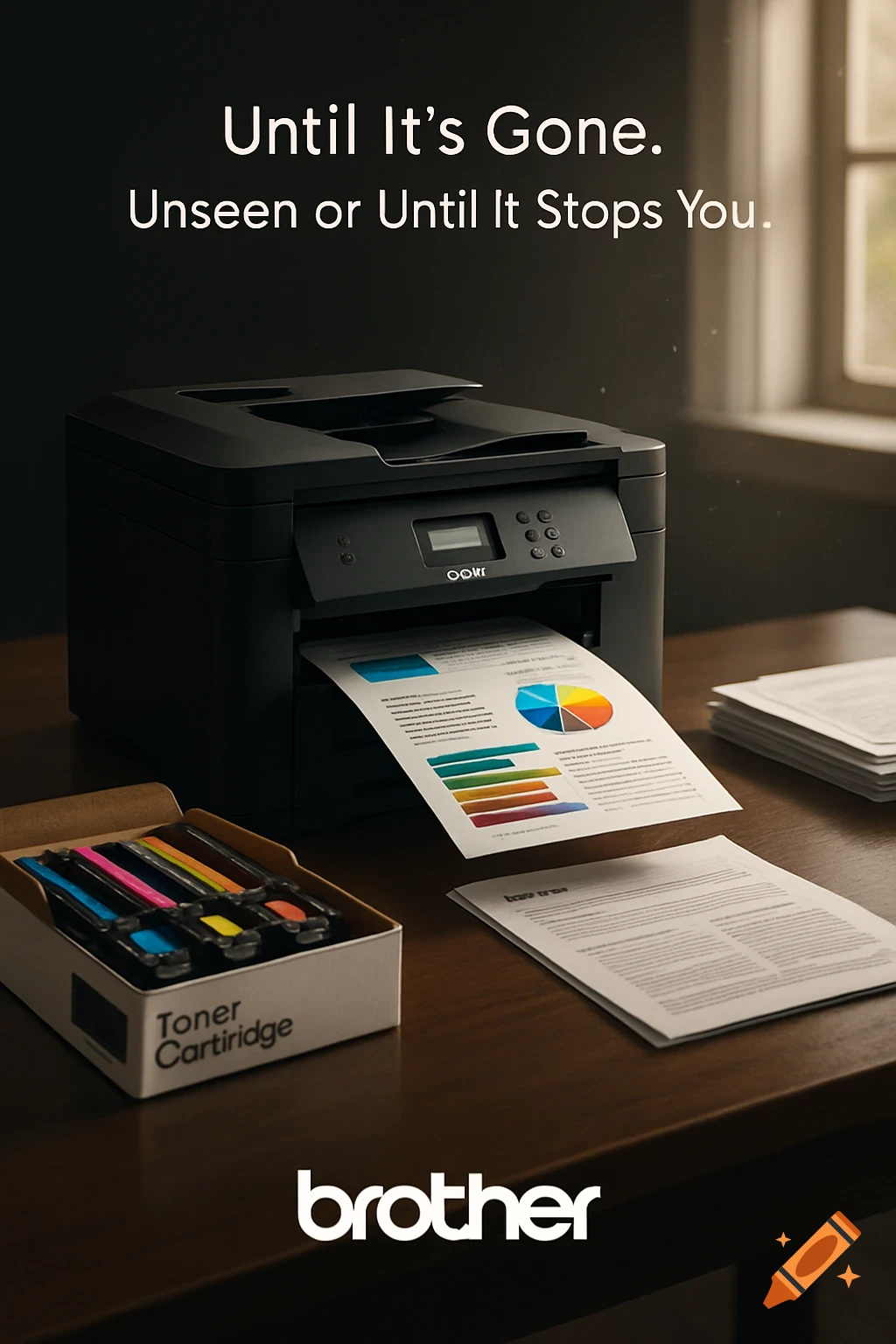 A black Brother printer on a desk, printing a colorful chart, with a box of toner cartridges and ad text.