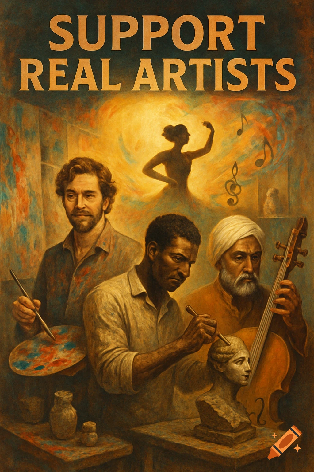 A painterly image of a painter, sculptor, and musician with a dancer silhouette and musical notes in the background, topped by text that reads 'SUPPORT REAL ARTISTS'.