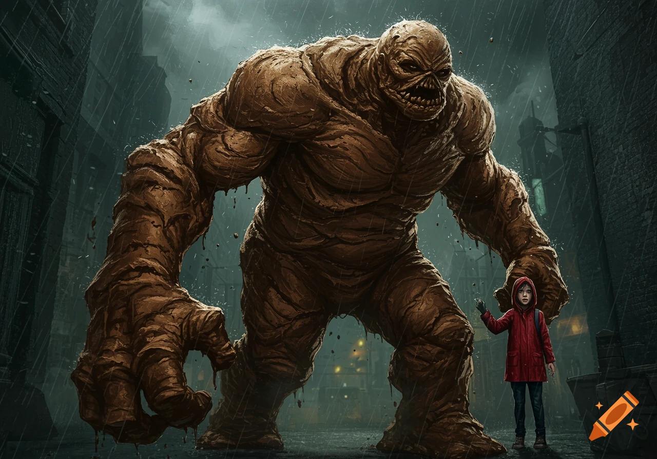 A giant, monstrous, mud-like figure stands in a rainy city alley next to a small child in a red raincoat. Dark, detailed illustration.