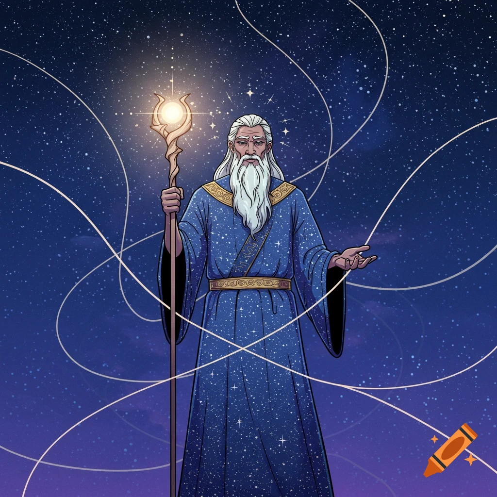 Cartoon-style wizard with a white beard and starry blue robe, holding a glowing staff against a cosmic night sky with glowing threads.