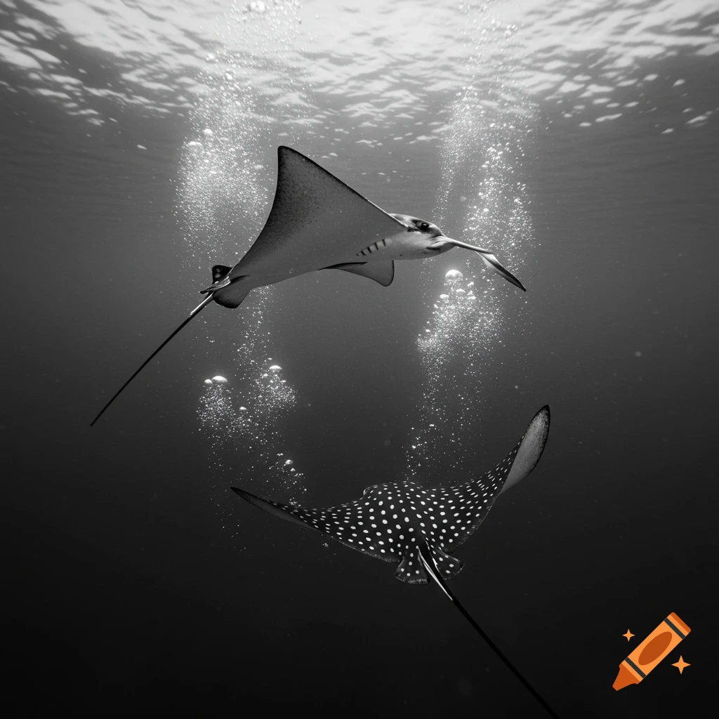 Two black and white eagle rays swim underwater, surrounded by bubbles with light filtering from the surface.