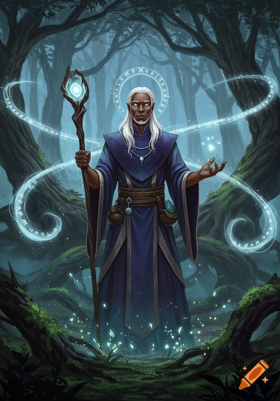 A male cleric with white hair and dark skin stands in a magical forest, holding a glowing staff, surrounded by blue light and runes.